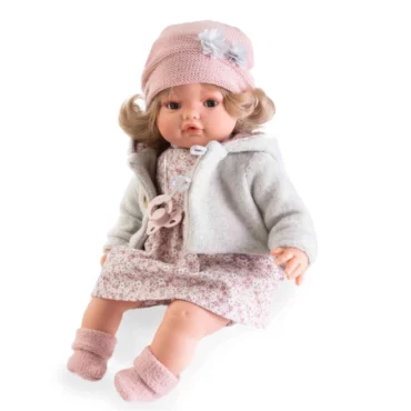Кукла Бебе Бени със звуков механизъм в рокля на цветя, плетена шапка и сиво палто