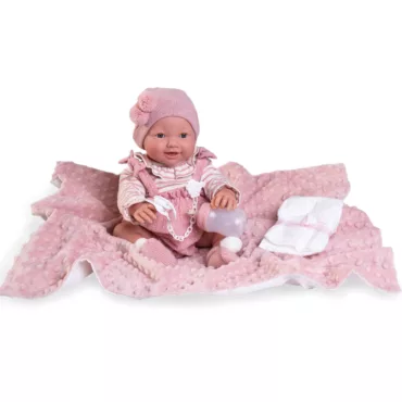 Кукла новородено Миа с розова шапка и плетено облекло на мека възглавничка