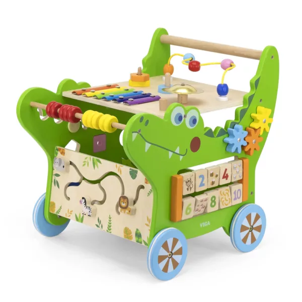 Дървена количка за бутане с 12 активности Крокодил VIGA Toys зелена от дърво 12м+