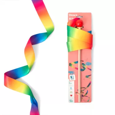 Детска гимнастическа лента за игра дъгова с дървена пръчка 3+