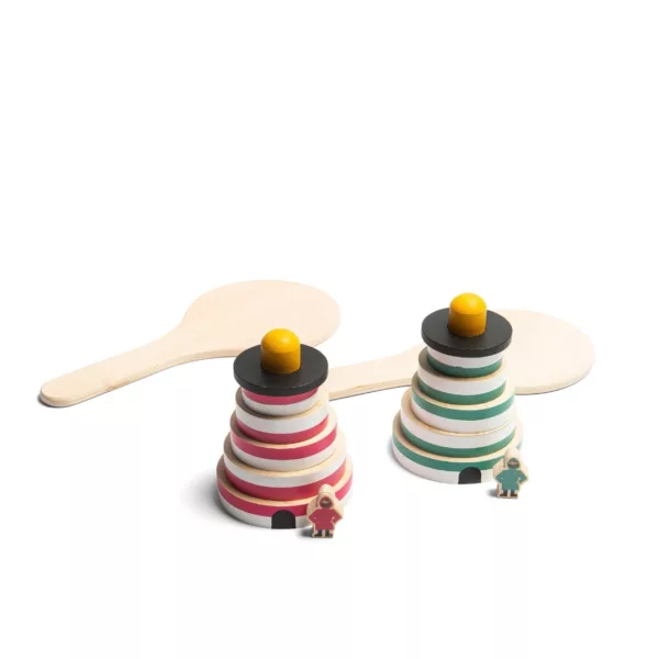 Състезателна игра за сръчност и баланс Фарът BS Toys розов и зелен дървен комплект 6+