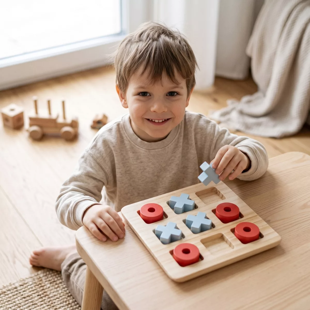Дете играе дървен Морски шах New Classic Toys със сини и червени фигури