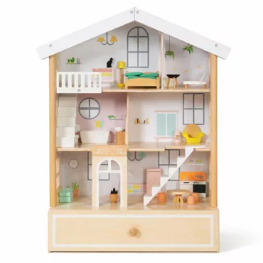Голяма дървена къща за кукли с мебели и няколко етажа в естествени цветове за деца 3+