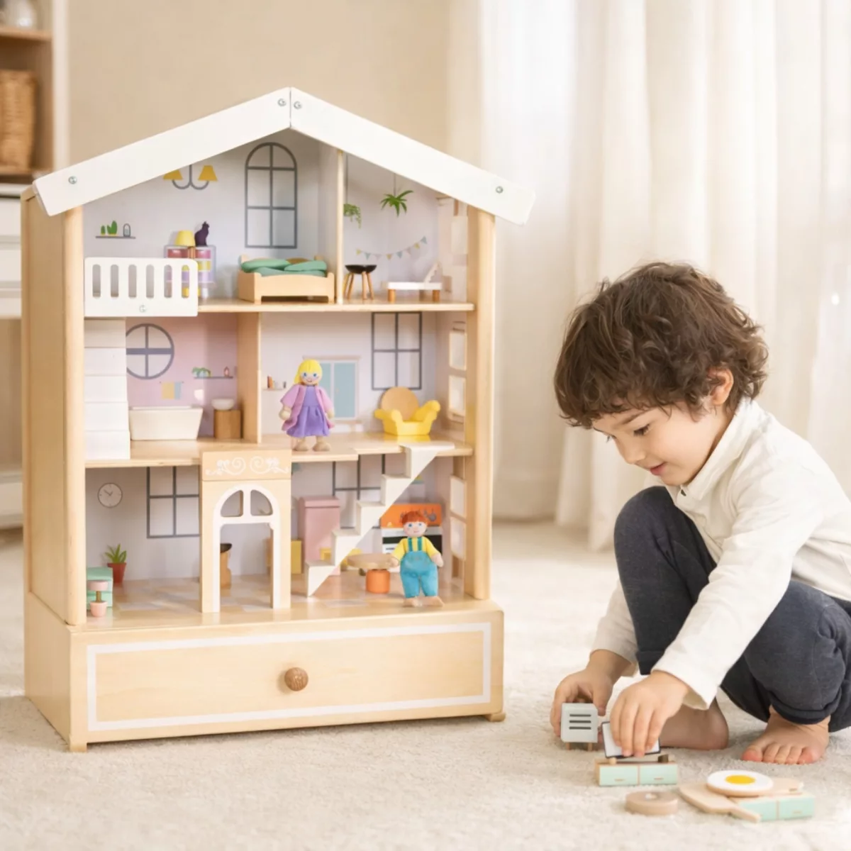 Дървена къща за кукли с мебели и фигурки за ролеви игри от дърво за деца над 3 години