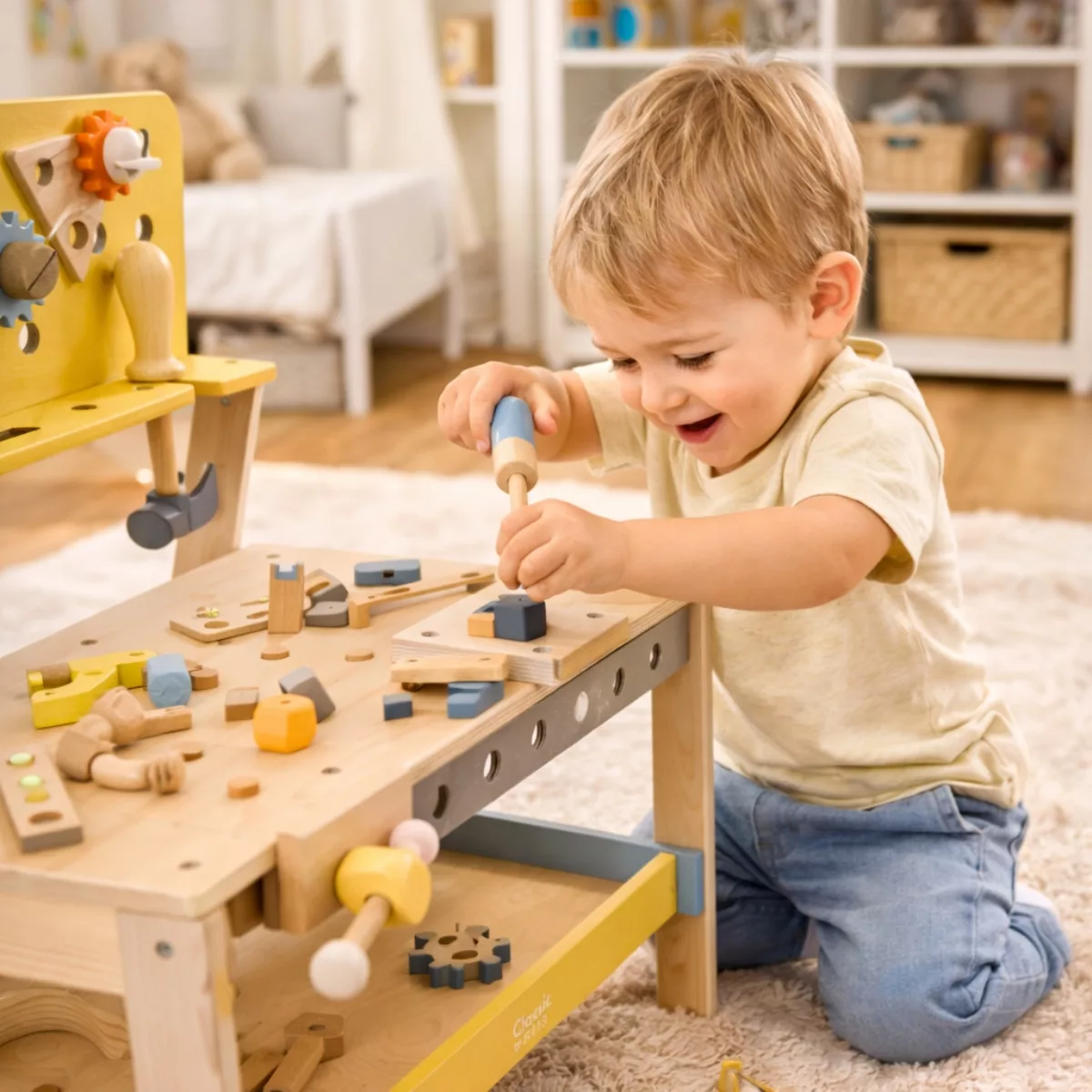 Детска дървена работилница с инструменти с чук и елементи в пастелни цветове за деца 3+