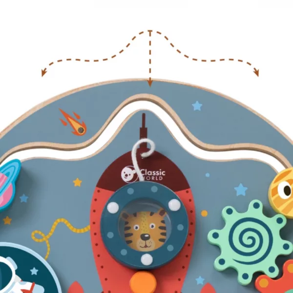 Дървена busy board ракета Classic World с лабиринт и движещи се елементи за деца 12м+