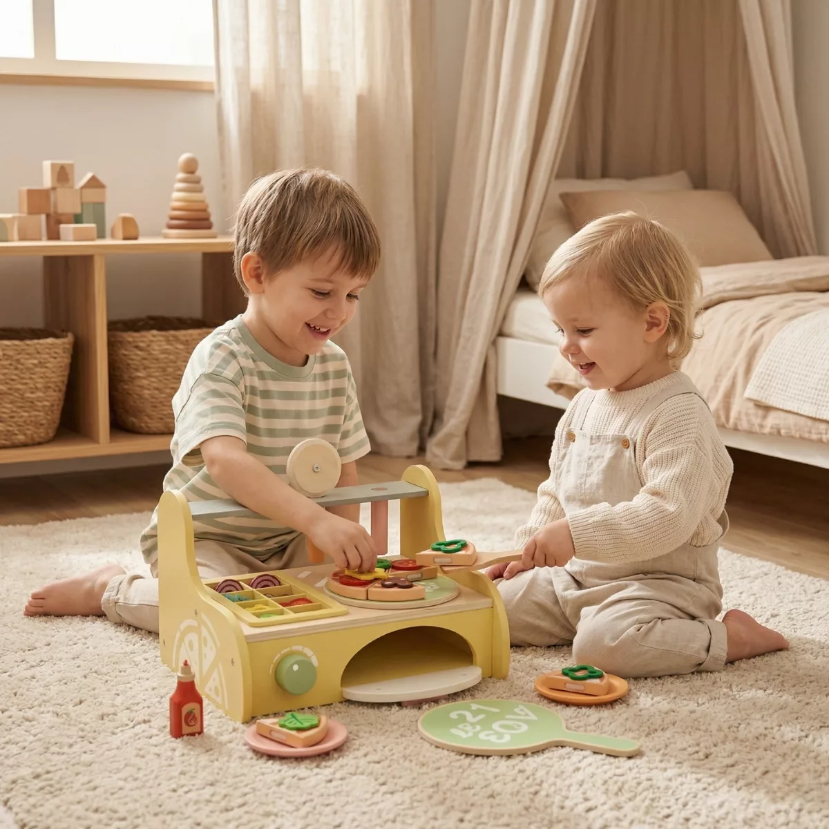 Дървена фурна за пица с аксесоари за ролеви игри в жълт цвят от дърво за деца 3+