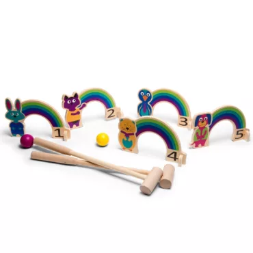 Детски крикет Дъга дървена игра с цветни арки и чукчета 3+