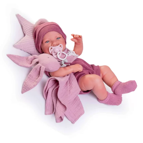 Бебе Миа с биберон и плюшено зайче на звездна възглавничка с розови нюанси