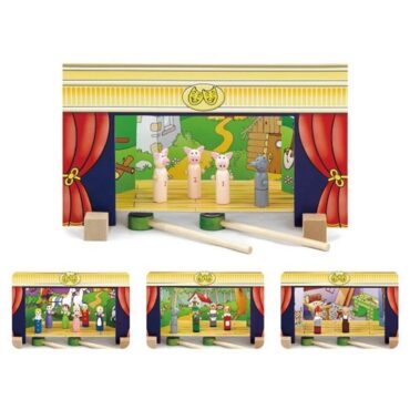 Дървен детски куклен театър с 4 Приказки-bellamiestore