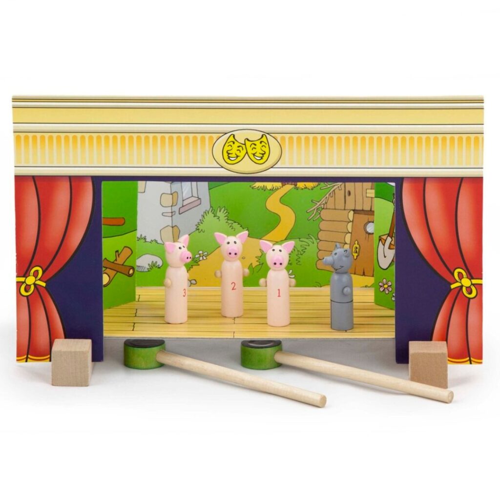 Дървен детски куклен театър с 4 Приказки-bellamiestore