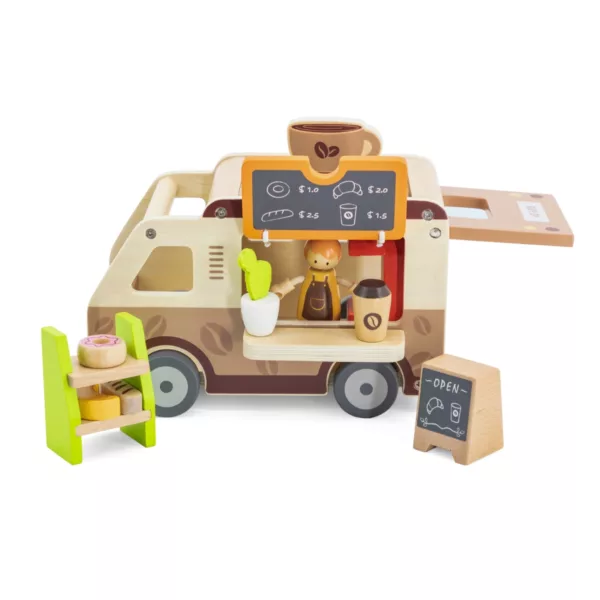 Детска дървена Каравана за кафе Viga Toys с бариста и табела отворено 3+