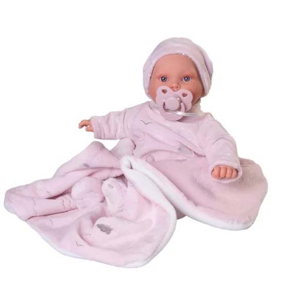 Говорещо бебе Кика с биберон и одеяло - меко тяло и звуков механизъм, 27 см, седящо с биберон в устата, облечено изцяло в розово, с топло одеяло за повиване.
