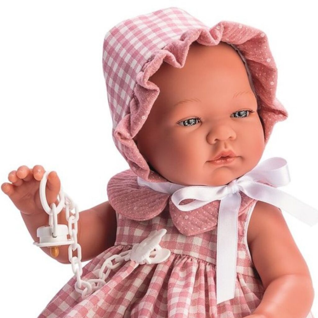 Кукла - Бебе Мария с карирана рокля и шапка-bellamiestore