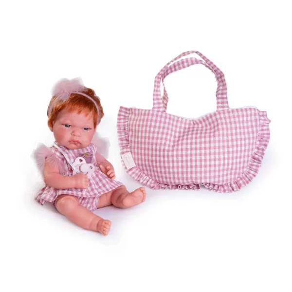 Бебе кукла Тонета с чантичка на розово каре и нежна рокличка за детски игри