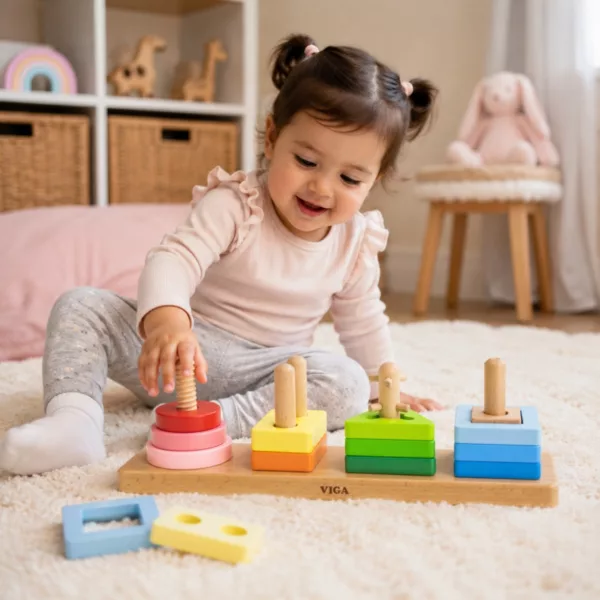 Дете играе с дървен геометричен сортер и лабиринт VIGA Toys