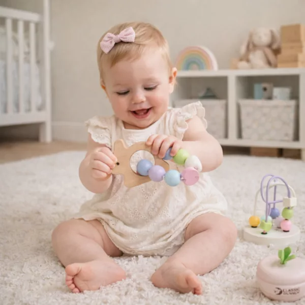 Бебе играе с дървена гризалка и сензорни играчки Classic World 0+