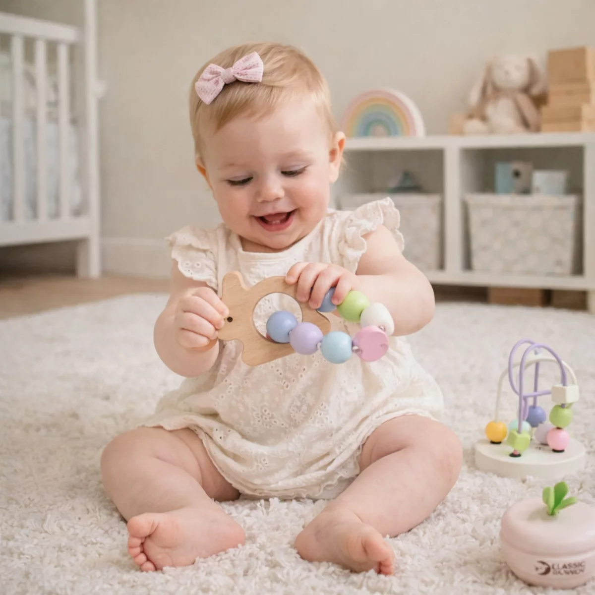 Бебе играе с дървена гризалка и сензорни играчки Classic World 0+