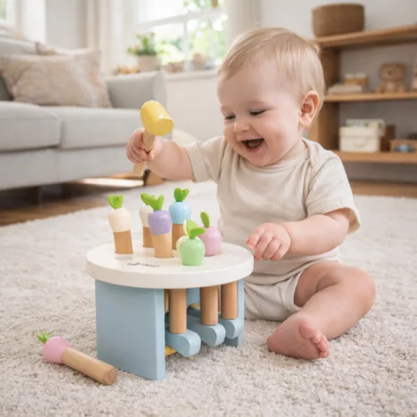 Дете играе с дървена игра с чукче градина Монтесори Classic World 1+