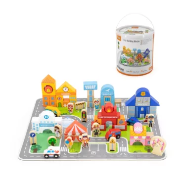 Дървен конструктор град Viga Toys с 100 части и кутия за съхранение за деца