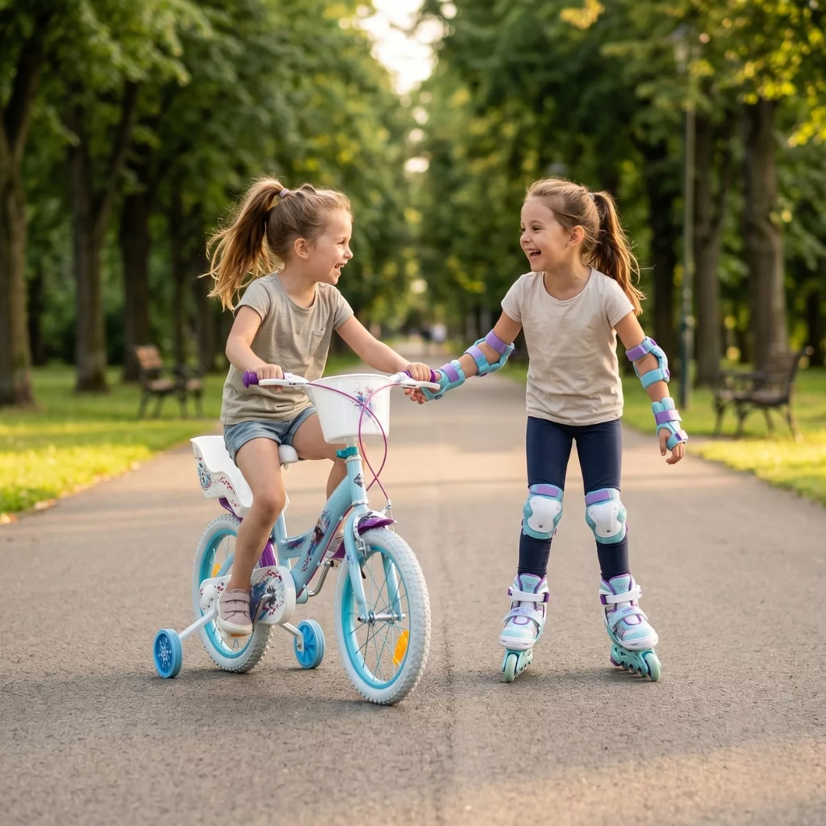 Детски велосипед 16 инча Frozen Huffy с помощни колела каране в парк игра с приятел за деца