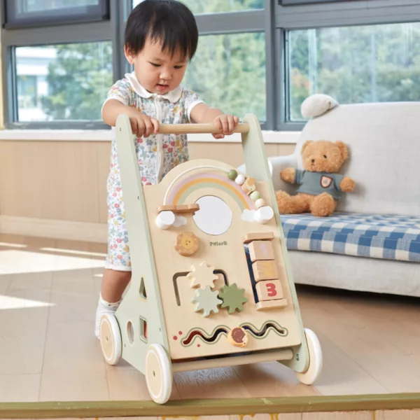 Дървена проходилка за бутане PolarB зелена с активности за прохождане 1+