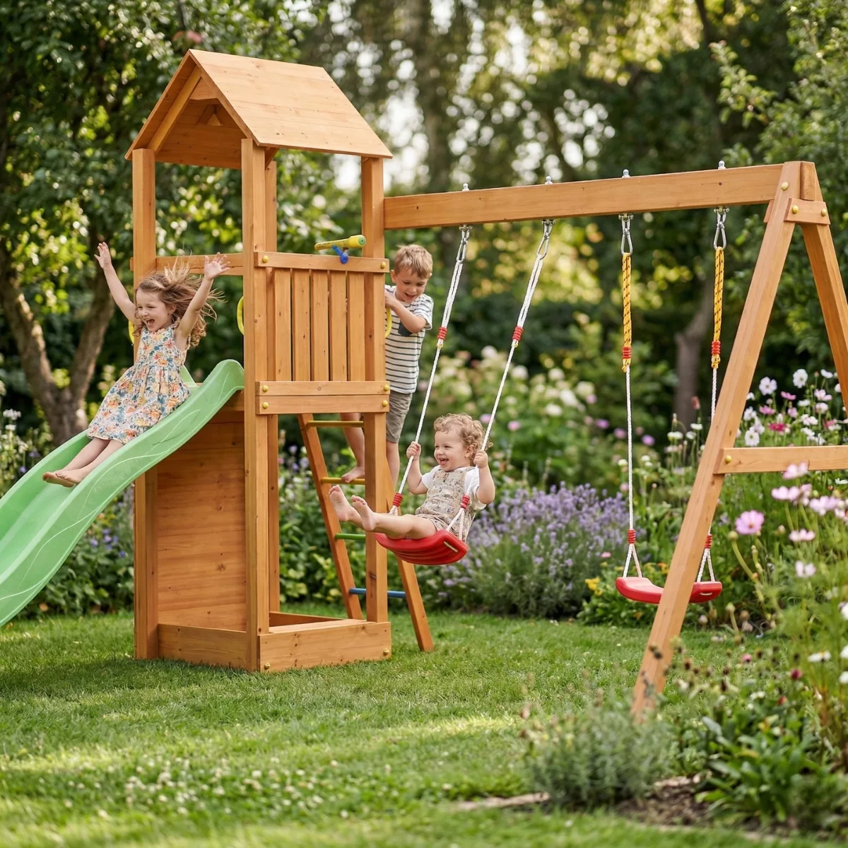 Детска площадка Fungoo Flappi с пързалка и люлки дървена катерушка за двор деца 3+