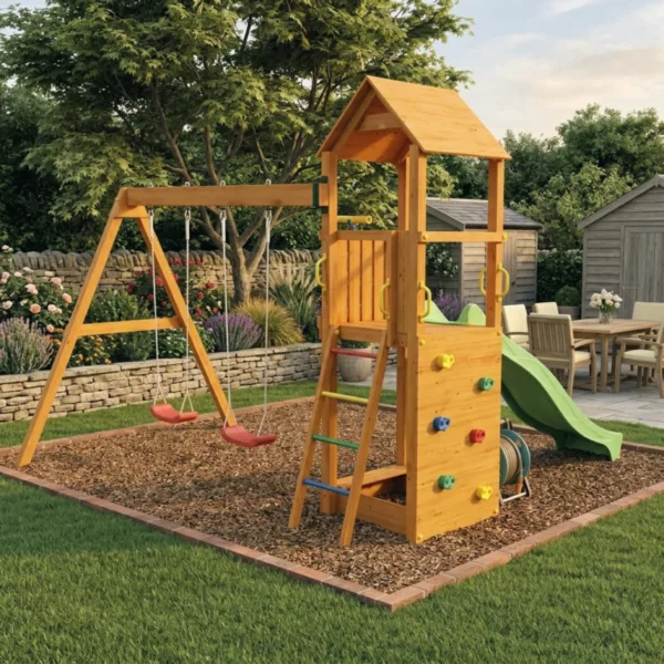 Детска площадка Fungoo Flappi с пързалка и люлки дървена катерушка в градина за деца