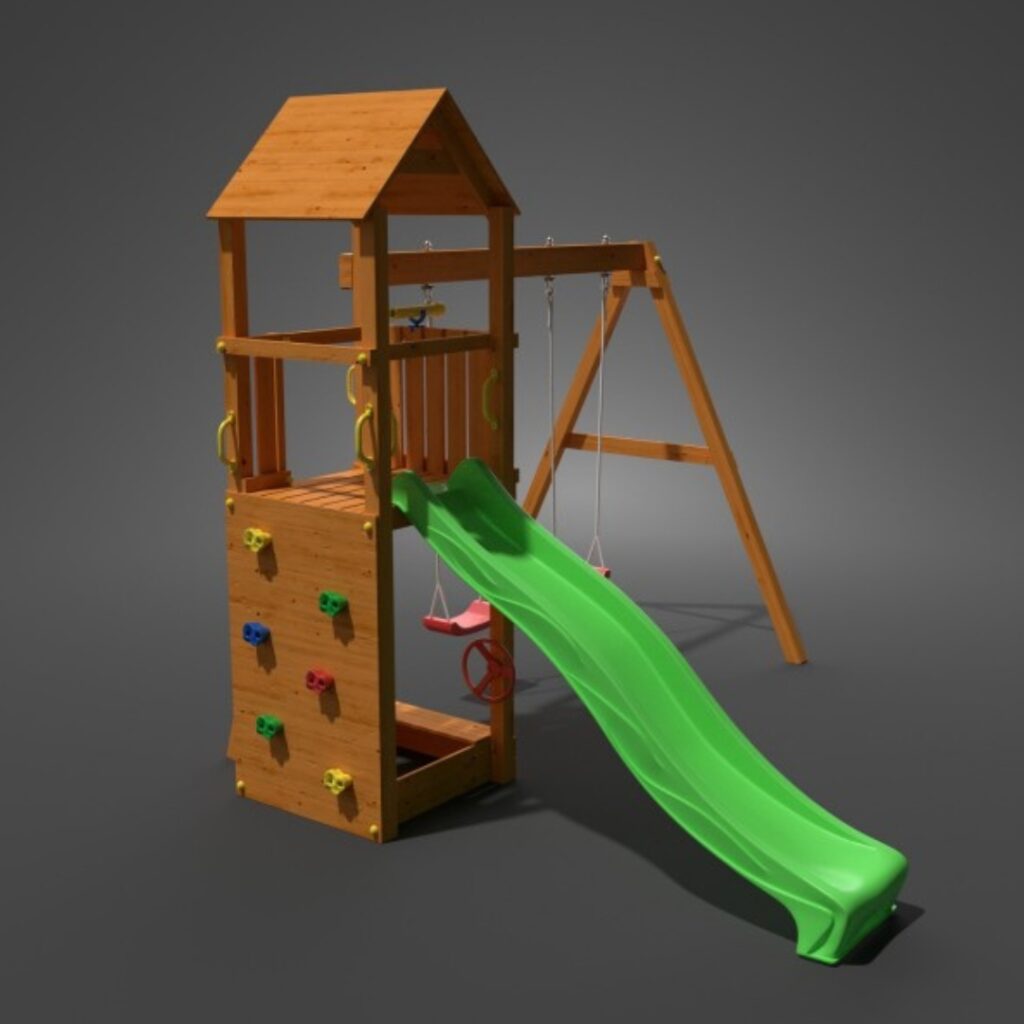 Fungoo Flappi Детска дървена площадка с пързалка и люлки -bellamiestore