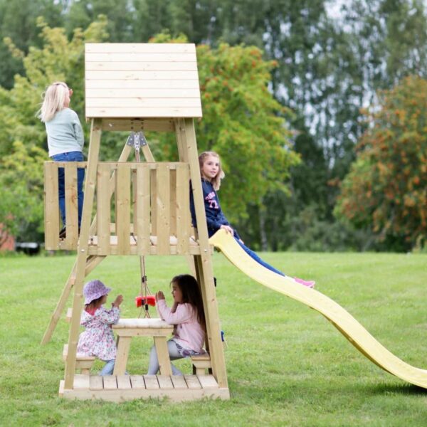 Кула за детски игри с пързалка, люлки и масичка за пикник-bellamiestore