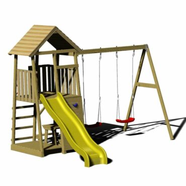 Кула за детски игри с пързалка, люлки и масичка за пикник-bellamiestore