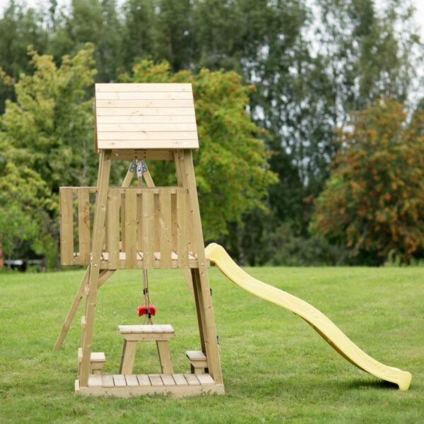 Кула за детски игри с пързалка, люлки и масичка за пикник-bellamiestore