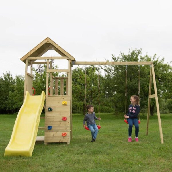 Кула за детски игри с пързалка, люлки и масичка за пикник-bellamiestore