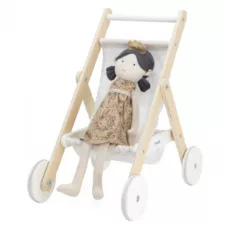 Дървена количка за кукли PolarB с текстилна седалка и бели колела за деца 2+