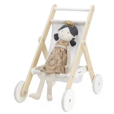 Дървена количка за кукли PolarB с текстилна седалка и бели колела за деца 2+