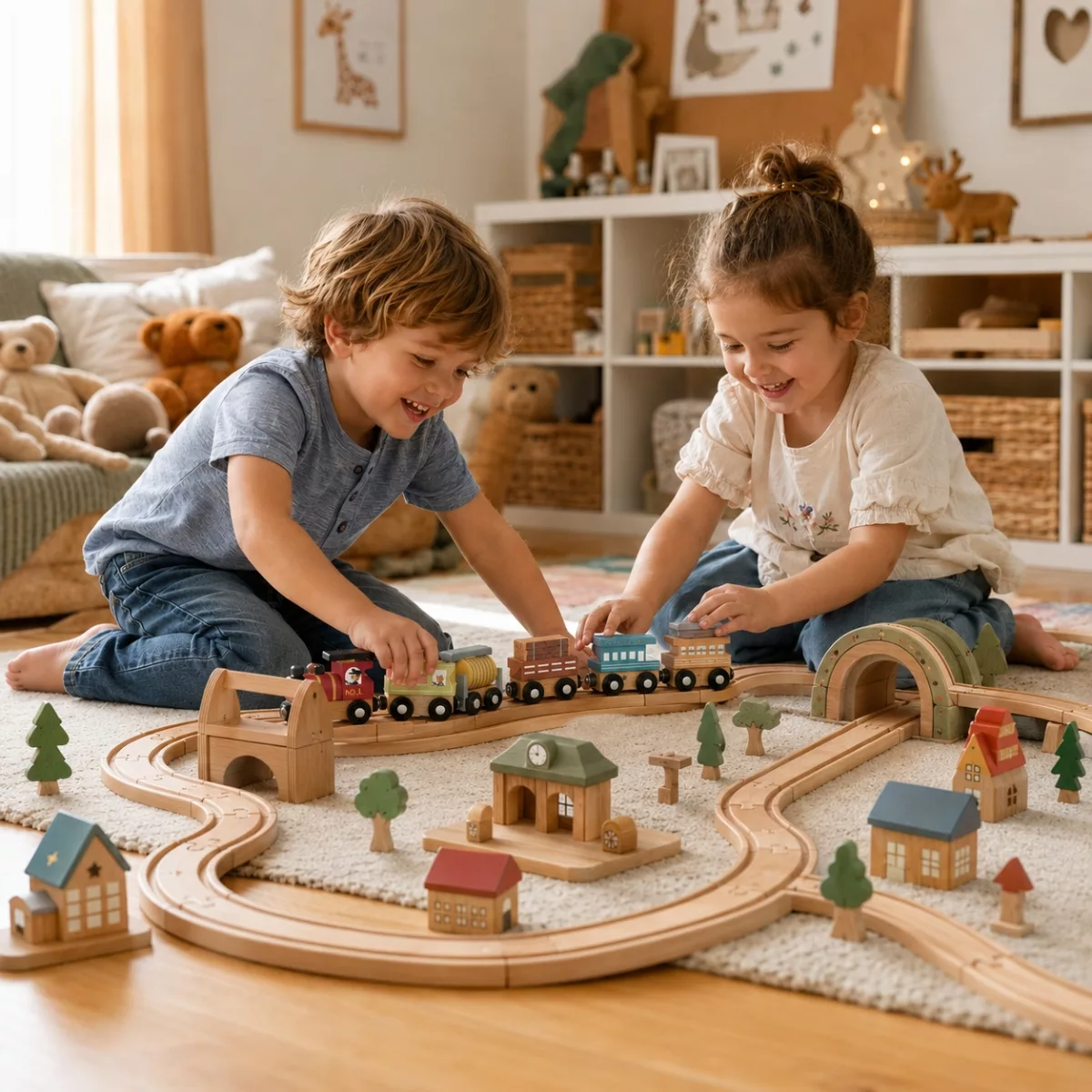 Комплект дървени влакчета Tooky Toy с магнитни вагони и релси за деца 3+
