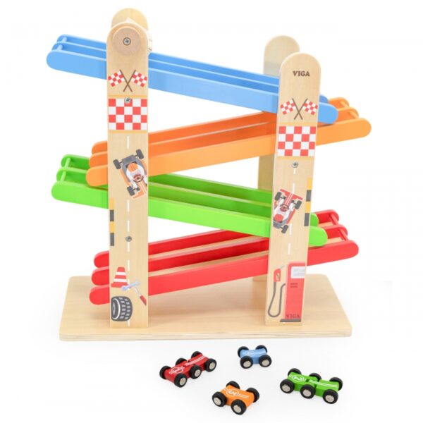 Дървена двойна състезателна писта с коли от Viga Toys - играчки за момчета 6
