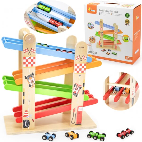 Дървена двойна състезателна писта с коли от Viga Toys - играчки за момчета 8