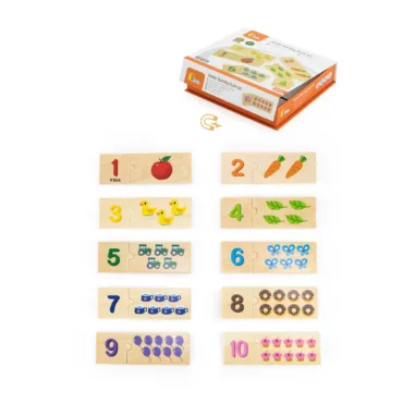 Дървен пъзел за числа Viga Toys комплект от 1 до 10 с картинки и кутия