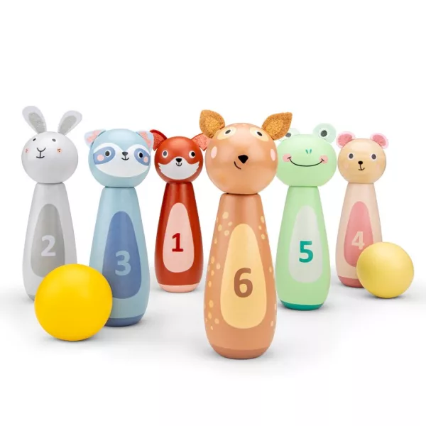 Дървен боулинг с животни от New Classic Toys в пастелни цветове за деца