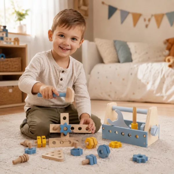 Момче играе с дървен комплект с инструменти New Classic Toys в детска стая