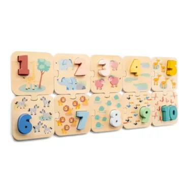 Дървен пъзел с числа Сафари New Classic Toys с животни и цветни цифри 3+