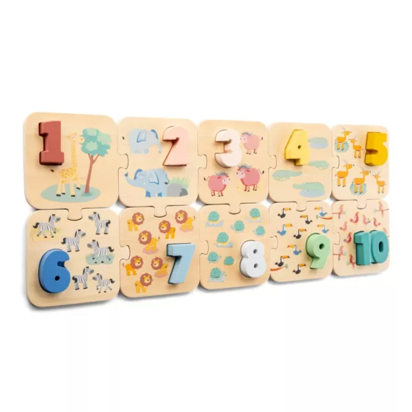 Дървен пъзел с числа Сафари New Classic Toys с животни и цветни цифри 3+