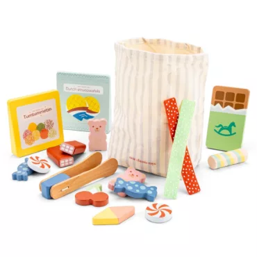 Дървени бонбони и шоколади New Classic Toys с платнена торбичка и щипка 3+