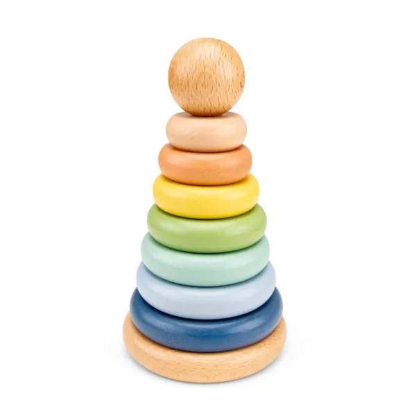 Дървена кула за нанизване с цветни рингове New Classic Toys за бебета 12м+