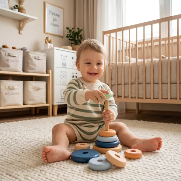 Бебе играе с дървена играчка за нанизване с рингове New Classic Toys 12м+