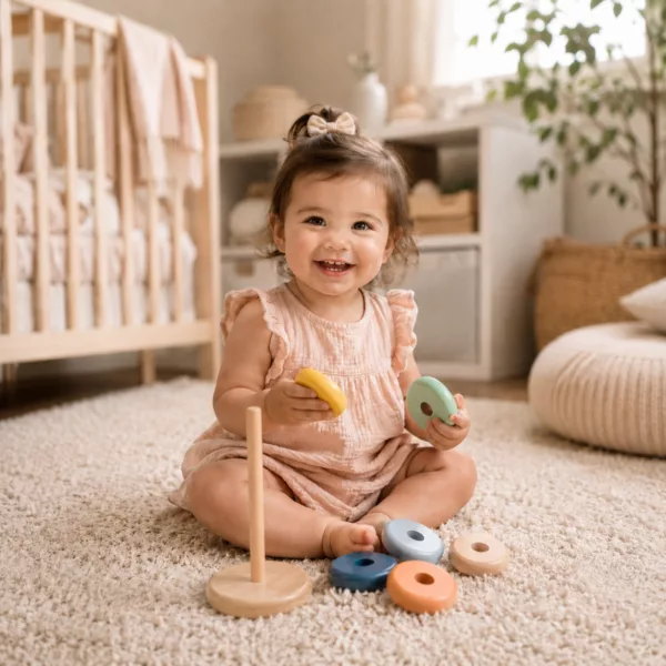 Момиченце играе с дървени рингове за нанизване New Classic Toys в детска стая