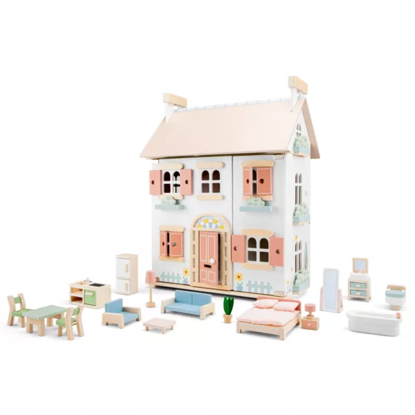 Дървена къща за кукли с мебели New Classic Toys в пастелни цветове