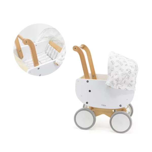 Дървена количка за кукли Viga Toys бяла с дървена дръжка и колела за ролева игра