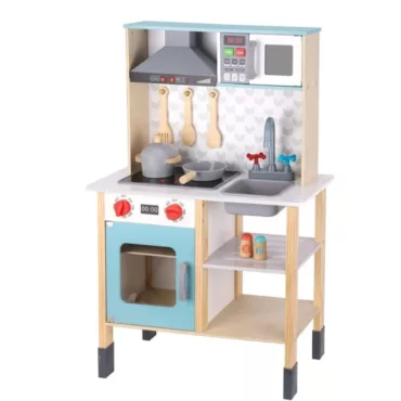 Детска дървена кухня с печка мивка и аксесоари синьо бяла Tooky Toy за деца 3+